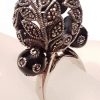 Sterling Silver Marcasite & Onyx Ornate Filigree Large Ball Ring - Black Enamel