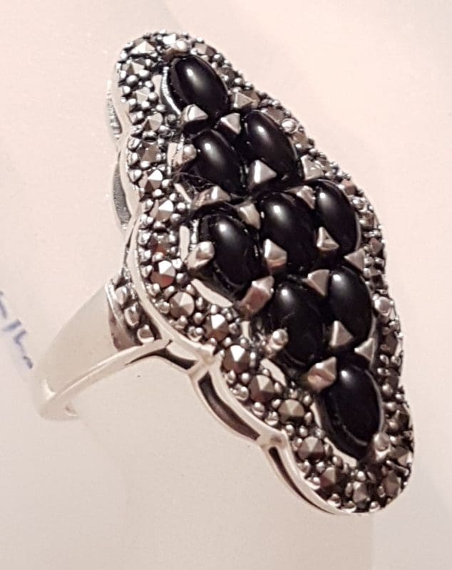 20200405_215050 Sterling Silver Marcasite & Onyx Long Marquis Shape Cluster Ring