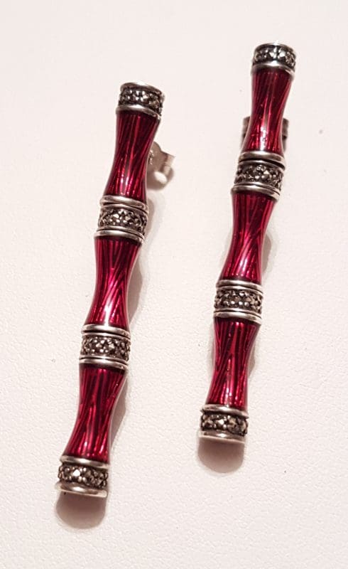 20200405_230602 Sterling Silver Marcasite & Red Enamel Long Bamboo Style Earrings