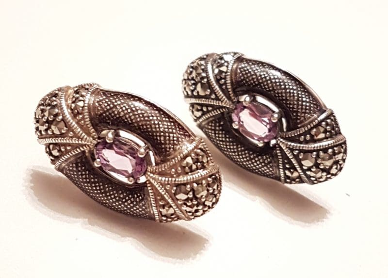 Sterling Silver Marcasite, Amethyst and Enamel Oval Stud Earrings