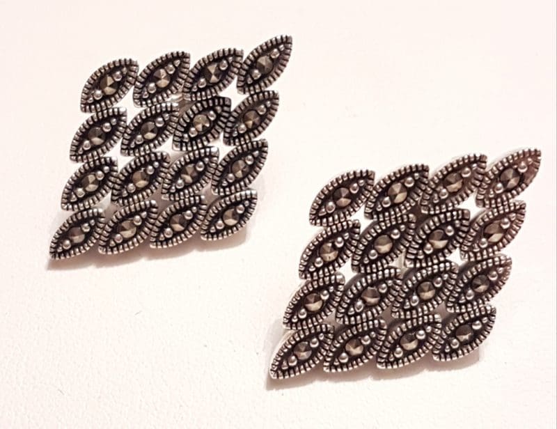 20200405_230657 Sterling Silver Marcasite Flexible Large Marquis Shape Stud Earrings
