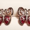 Sterling Silver Marcasite & Red and Pink Enamel Butterly Stud Earrings