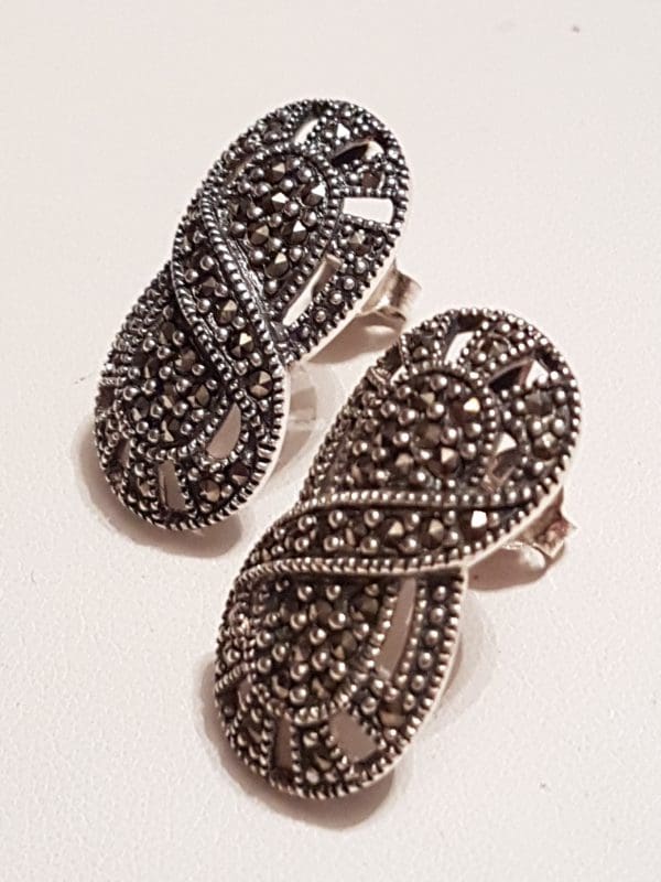 Sterling Silver Marcasite Large Oval Filigree Stud Earrings