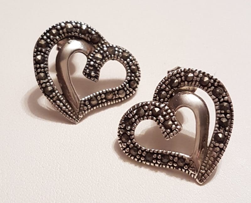 Sterling Silver Marcasite Large Heart Stud Earrings