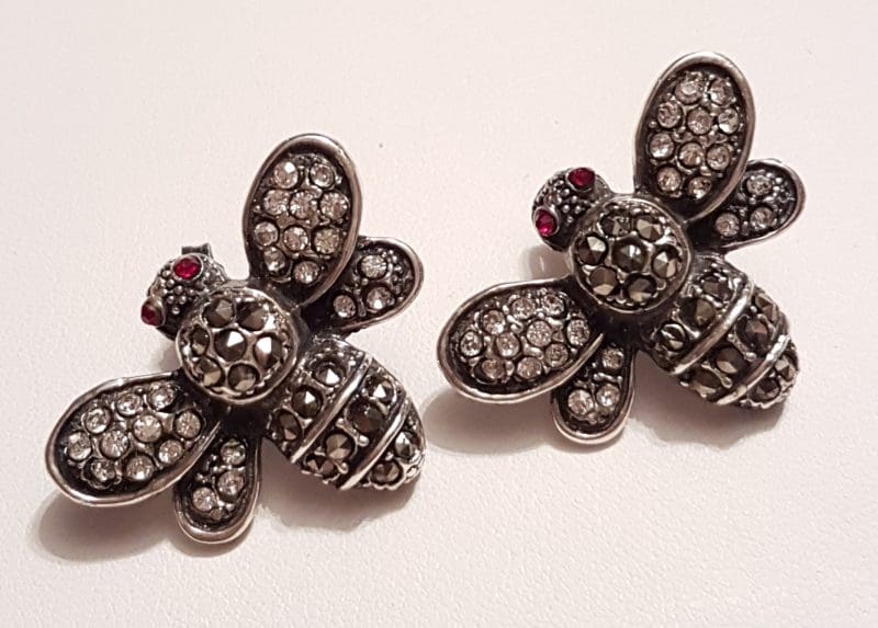 Sterling Silver Marcasite & Cubic Zirconia Large Butterfly Stud Earrings - Available in Black or Clear