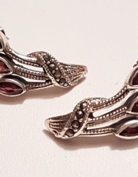 Sterling Silver Marcasite & Garnet Stud Earrings