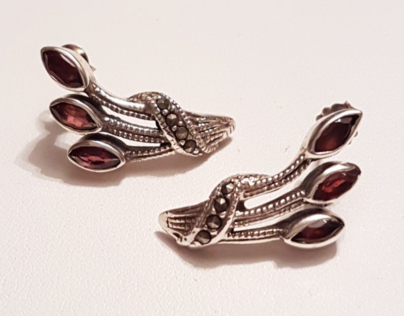 Sterling Silver Marcasite & Garnet Stud Earrings