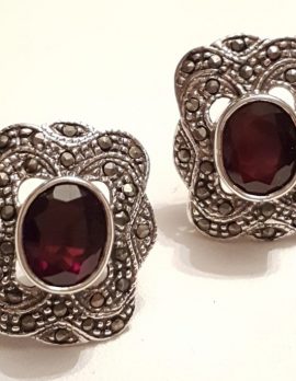 Sterling Silver Marcasite & Garnet Large Stud Earrings