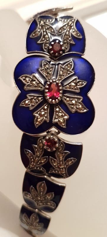 Sterling Silver Marcasite, Blue Enamel & Garnet Ornate Bracelet