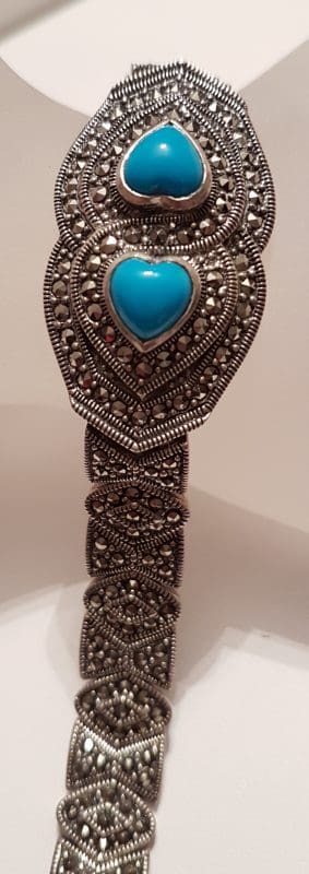 20200405_231908 Sterling Silver Marcasite & Recon. Turquoise Wide Heart Bracelet