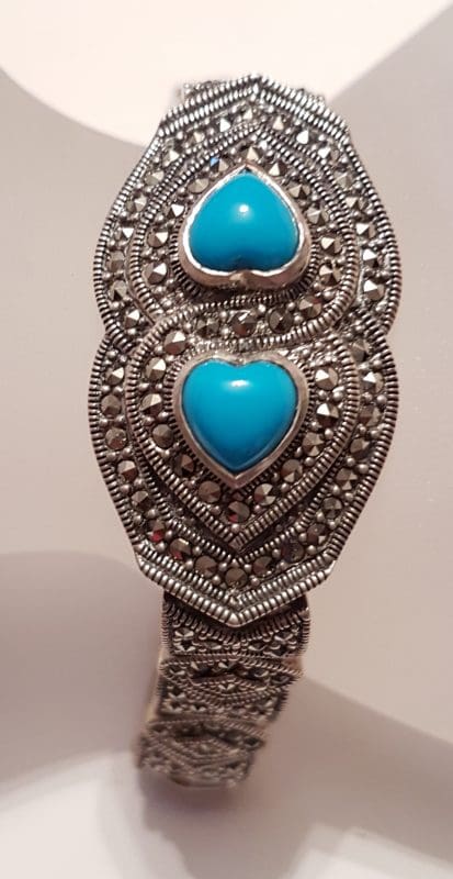 20200405_231932 Sterling Silver Marcasite & Recon. Turquoise Wide Heart Bracelet