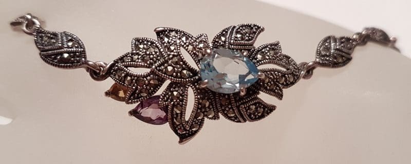 20200405_232253 Sterling Silver Marcasite, Topaz, Amethyst and Citrine Ornate Leaf Bracelet
