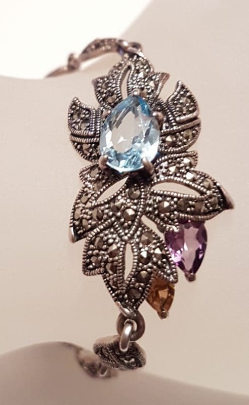 20200405_232334 Sterling Silver Marcasite, Topaz, Amethyst and Citrine Ornate Leaf Bracelet