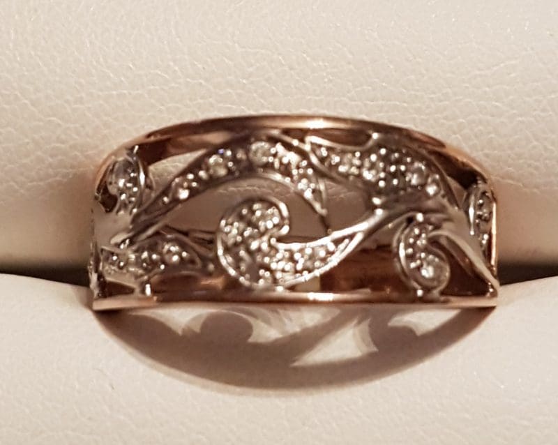 20200406_101134 9ct Rose Gold and White Gold Ornate Filigree Design Wide Diamond Ring