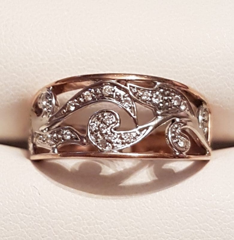 20200406_101155 9ct Rose Gold and White Gold Ornate Filigree Design Wide Diamond Ring