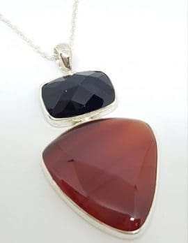 Sterling Silver Carnelian and Onyx Large Pendant on Sterling Silver Chain