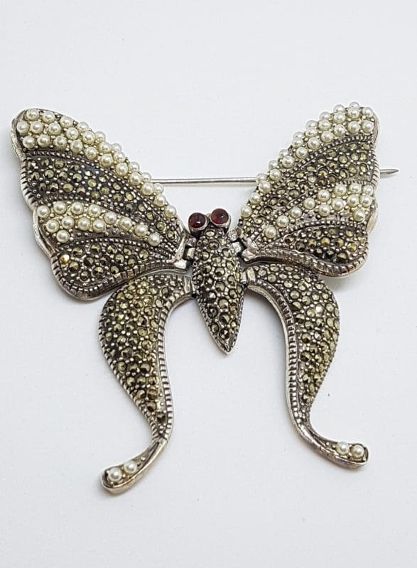 Sterling Silver Marcasite Large Flexible Butterfly Brooch