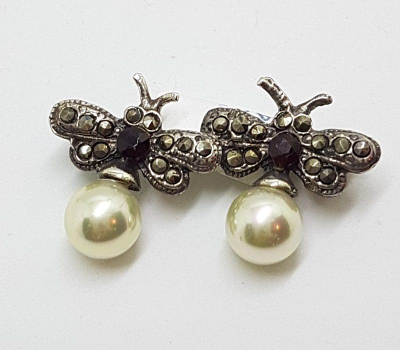 Sterling Silver Marcasite Double Bee / Butterfly Brooch with Red