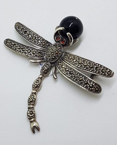 Sterling Silver Marcasite with Black Large Dragonfly Brooch
