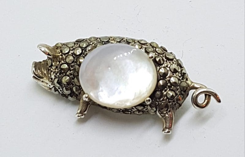 Sterling Silver Marcasite with Mother of Pearl Pig Brooch