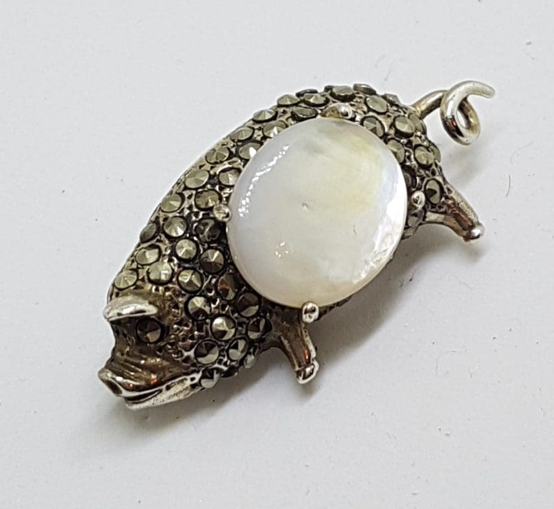 Sterling Silver Marcasite with Mother of Pearl Pig Brooch