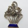 Sterling Silver Marcasite and Lapis Lazuli Floral Brooch - Art Deco Style