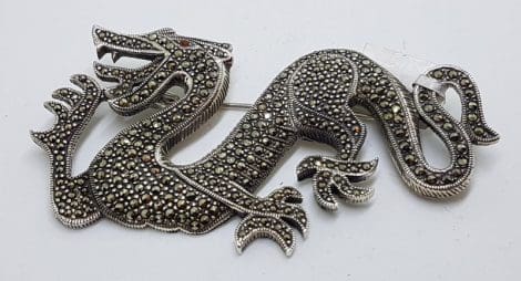 Sterling Silver Marcasite Large Dragon Brooch