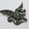 Sterling Silver Marcasite and Green Enamel Dragon Brooch