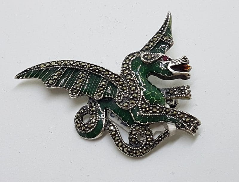 Sterling Silver Marcasite and Green Enamel Dragon Brooch