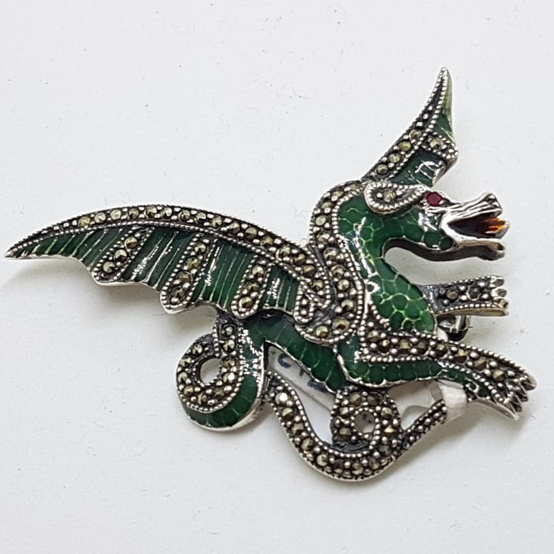Sterling Silver Marcasite and Green Enamel Dragon Brooch