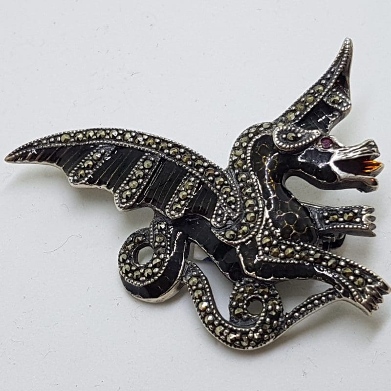 Sterling Silver Marcasite and Black Enamel Dragon Brooch