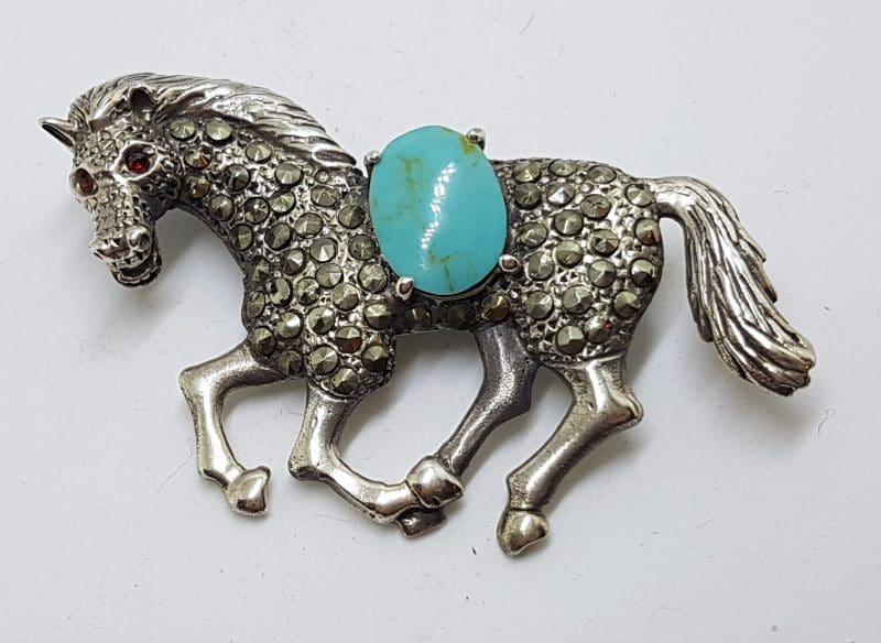 Sterling Silver Marcasite & Blue Large Horse Brooch
