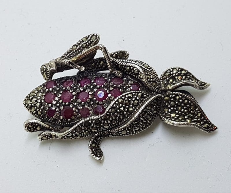 Sterling Silver Marcasite and Ruby Grasshopper / Cricket on Corn Cob Brooch