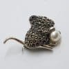 Sterling Silver Marcasite Mouse with Pearl Brooch - Garnet Eye