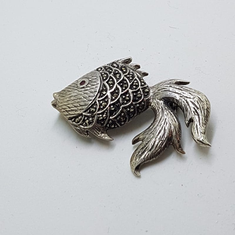 Sterling Silver Marcasite & Garnet Large Fish Brooch