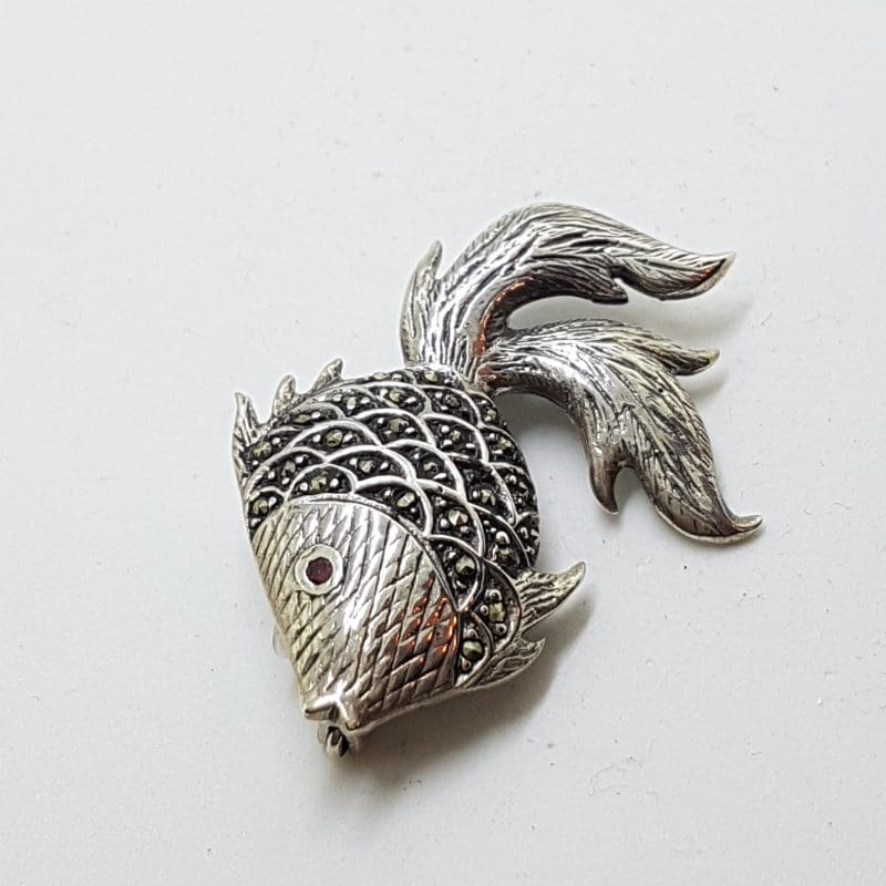 Sterling Silver Marcasite & Garnet Large Fish Brooch