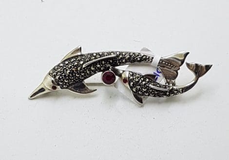 Sterling Silver Marcasite & Red Dolphin / Fish Brooch