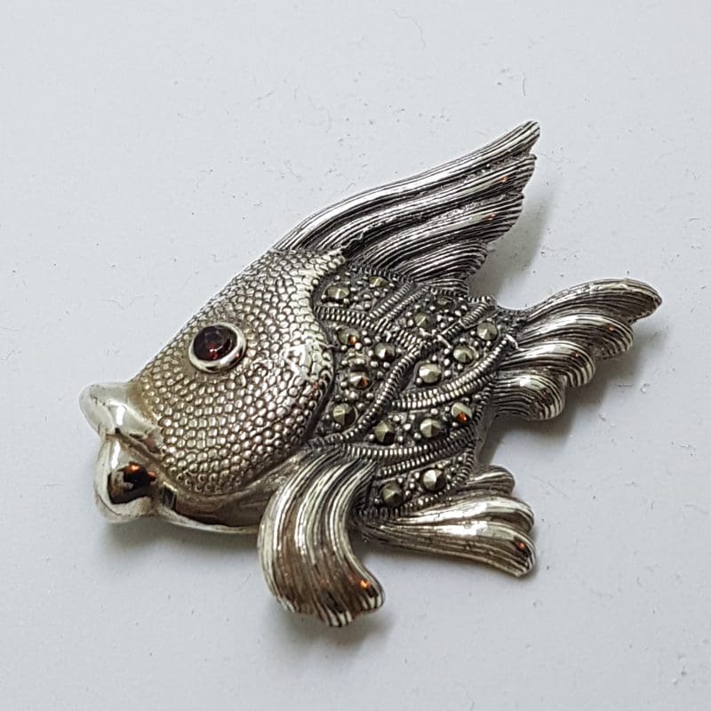 Sterling Silver Marcasite & Garnet Large Fish Brooch