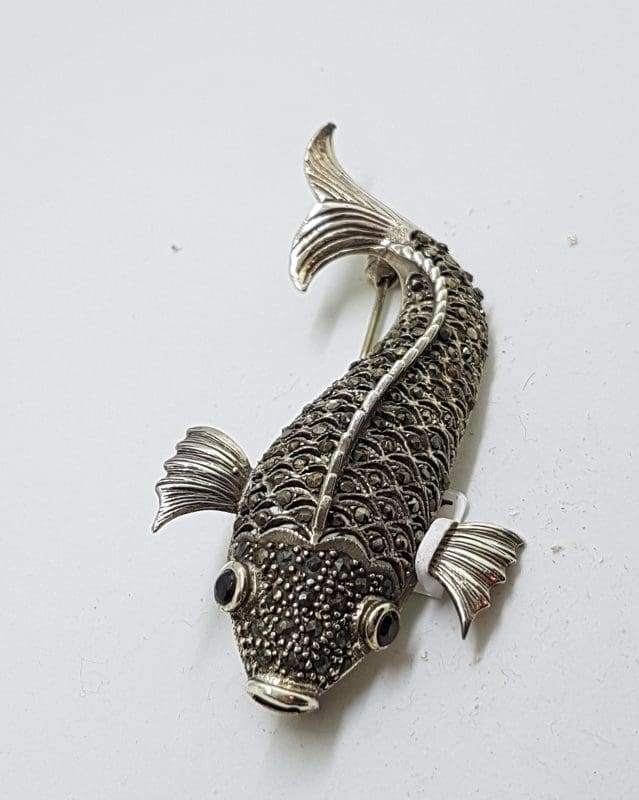 Sterling Silver Marcasite & Garnet Large Koi Fish Brooch