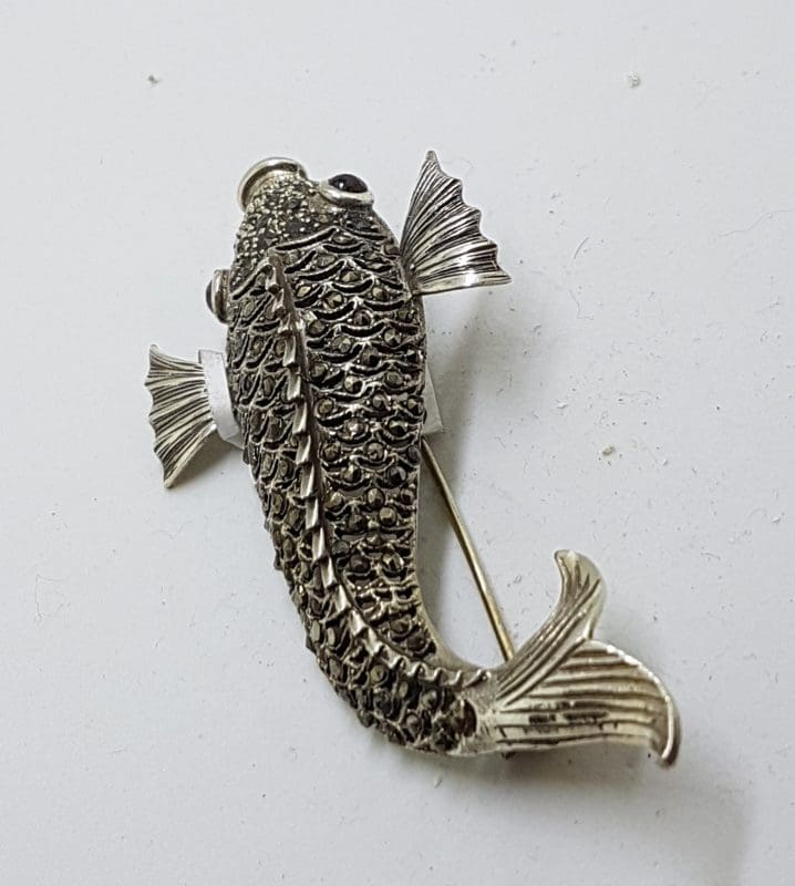 Sterling Silver Marcasite & Garnet Large Koi Fish Brooch