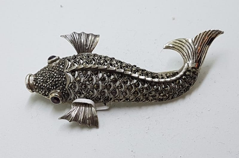 Sterling Silver Marcasite & Garnet Large Koi Fish Brooch