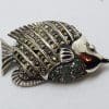Sterling Silver Marcasite & Emerald Fish Brooch