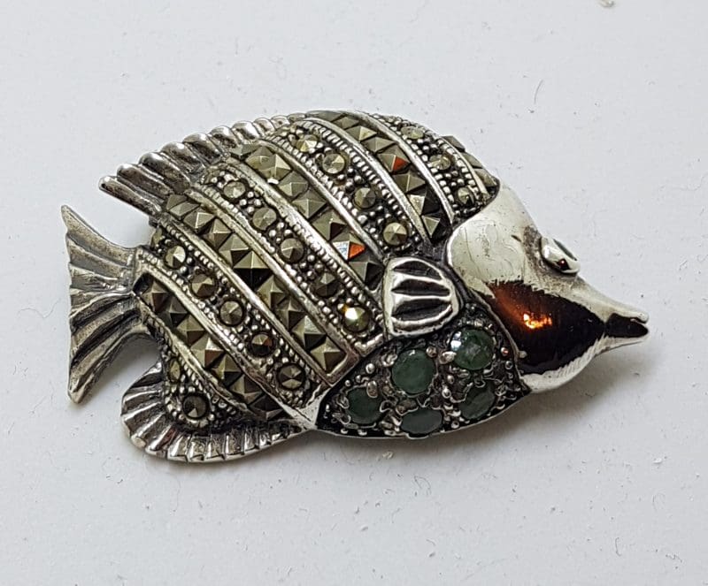 20200409_085958 Sterling Silver Marcasite & Emerald Fish Brooch