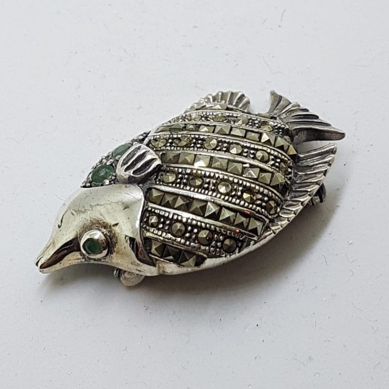 20200409_090022 Sterling Silver Marcasite & Emerald Fish Brooch