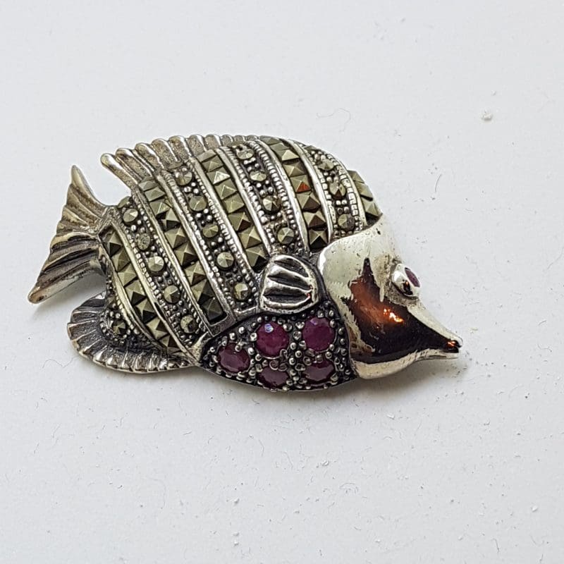 Sterling Silver Marcasite & Ruby Fish Brooch