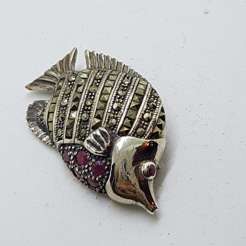 Sterling Silver Marcasite & Ruby Fish Brooch