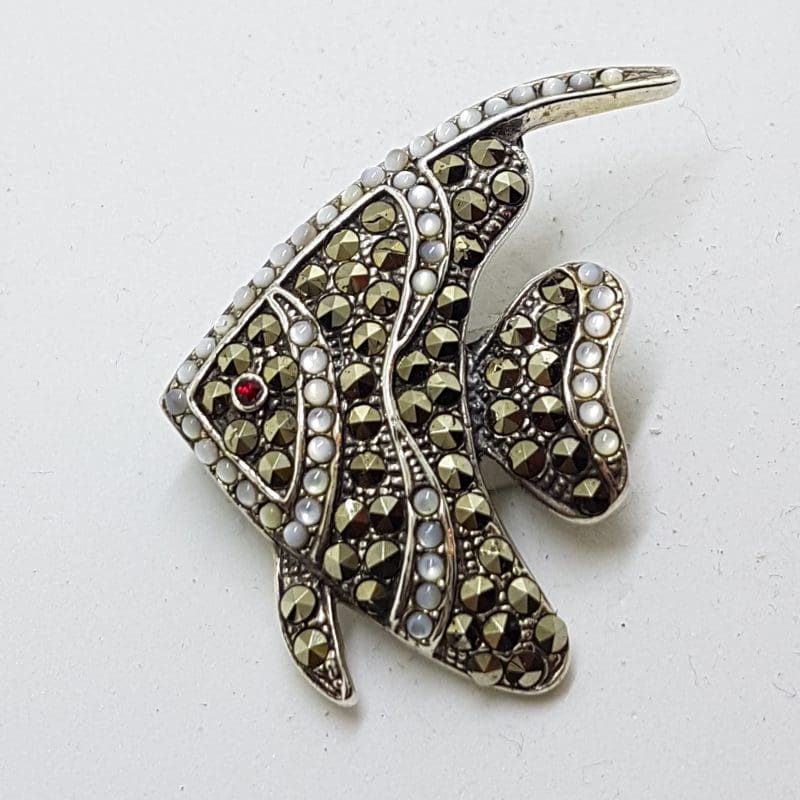 Sterling Silver Marcasite Large Mother of Pearl Fish Brooch