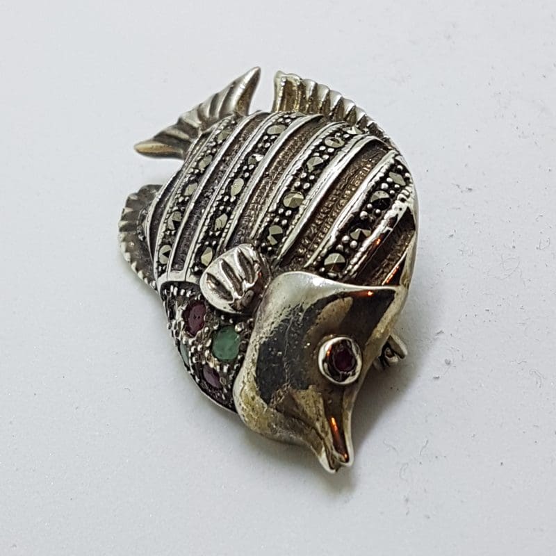 20200409_090240 Sterling Silver Marcasite, Sapphire, Emerald & Ruby Fish Brooch