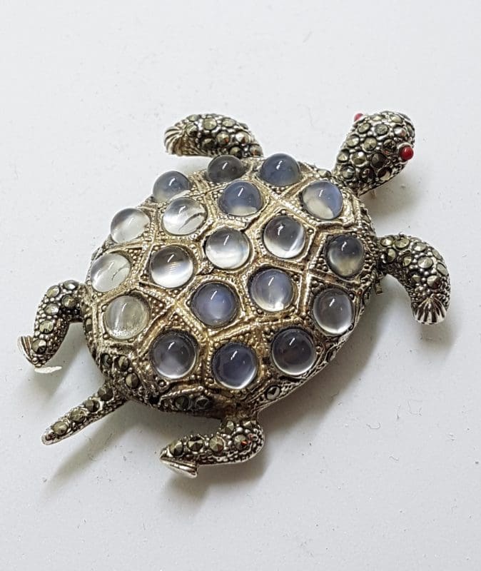 Sterling Silver Marcasite and Mother of Pearl Large Turtle Brooch