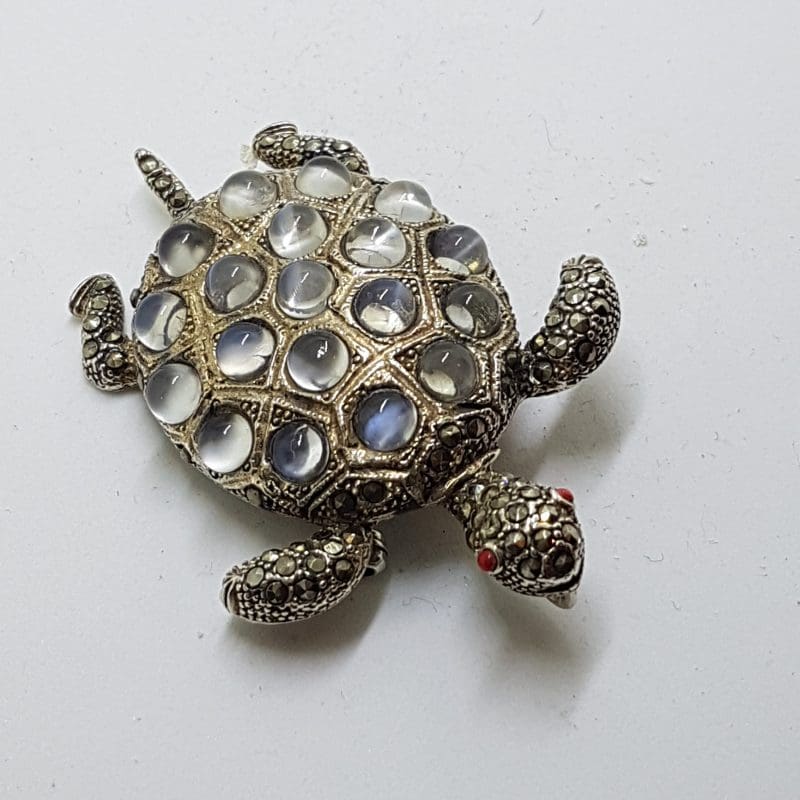 Sterling Silver Marcasite and Mother of Pearl Large Turtle Brooch
